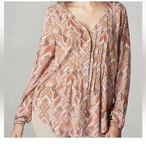 J.Jill Top Women’s Size M  Tunic Blouse Pleated Peach Tribal Boho Long sleeve